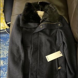 Navy blue Bebe coat with fur collar